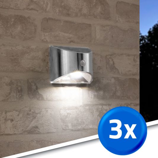 3X Solar wandlamp Flint RVS met bewegingsmelder op zonne energie