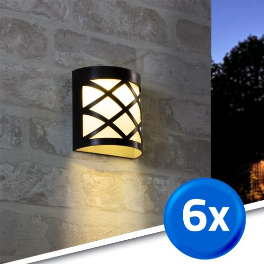 6x Solar wandlamp China zwart 6 leds warm wit buitenlamp op zonne energie