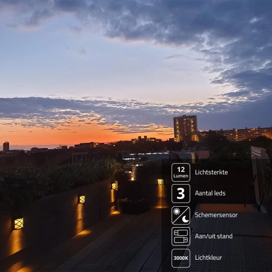 6x Solar wandlamp China zwart 6 leds warm wit buitenlamp op zonne energie