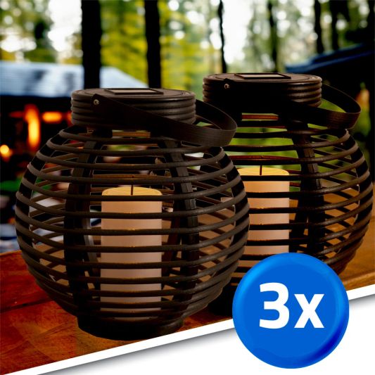 Drie stuks Solar Lantaarn Basket Medium Rotanlook lamp op zonne energie