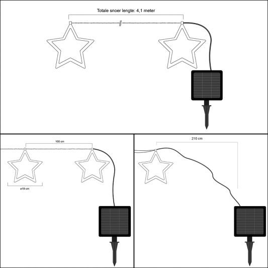 Solar kerstster op zonne-energie - Lichtsnoer met 3 sterren en warm wit licht