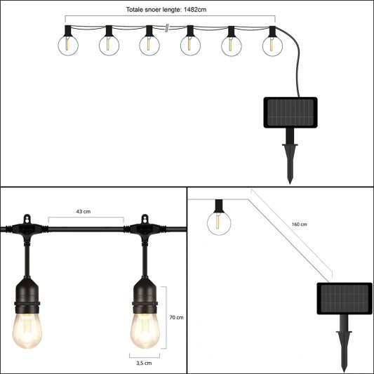 Solar lichtslinger Chain met 15 led filament lampen