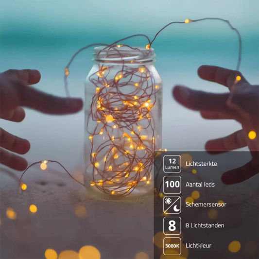 Solar Kerstslinger Twinkle met 100 leds in koperdraad