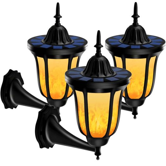 Solar wandlamp Pieck met vlameffect en schemersensor voordeelset 3