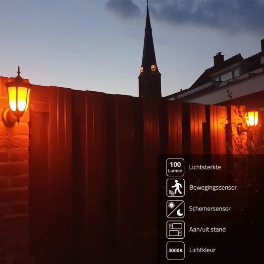 Solar wandlamp Pieck met vlameffect en schemersensor voordeelset