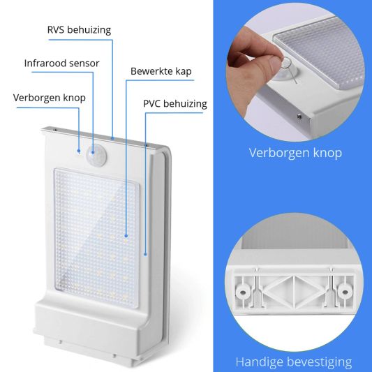 Solar wandlamp Slim II met 49 leds en bewegingsmelder RVS op zonne-energie