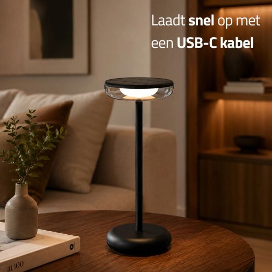 Tafellamp oplaadbaar VITA - USB-C - Touch dimbaar - Op zonne-energie - Warm wit - Zwart